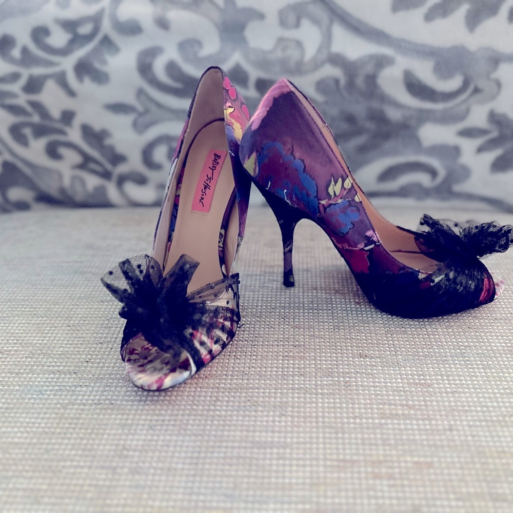 Betsey Johnson Floral Satin Peep Toe Stilettos with Black Bow